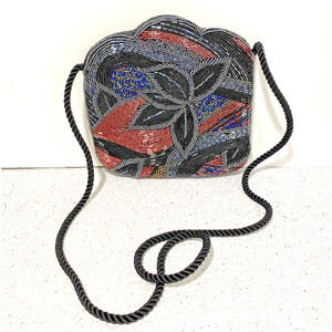 Beaded Evening Bag Purse Shoulderbag Vintage 1980s Hong Kong Black Multi Floral